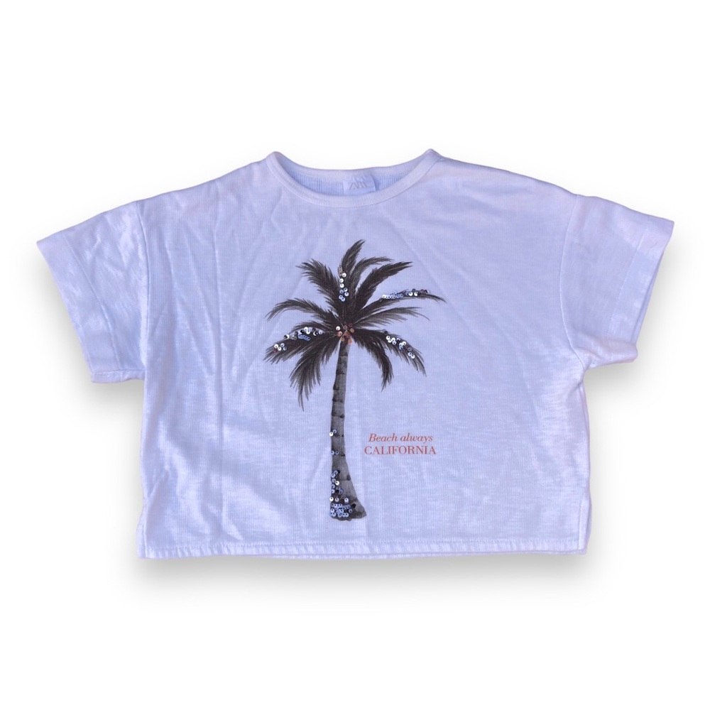 Zara Ribbed California Crop Top Graphic Tee Size 9